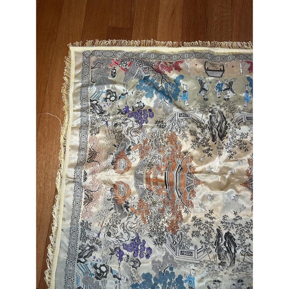 Vintage Chinese Silk Embroidered Tapestry 36" Square Pagoda Dragon Lion Dance - Picture 3 of 11